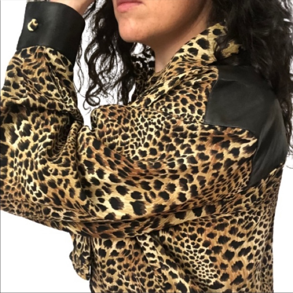 NWT 100% Silk + Leather Leopard Ruffled Vtg Top - Picture 4 of 14